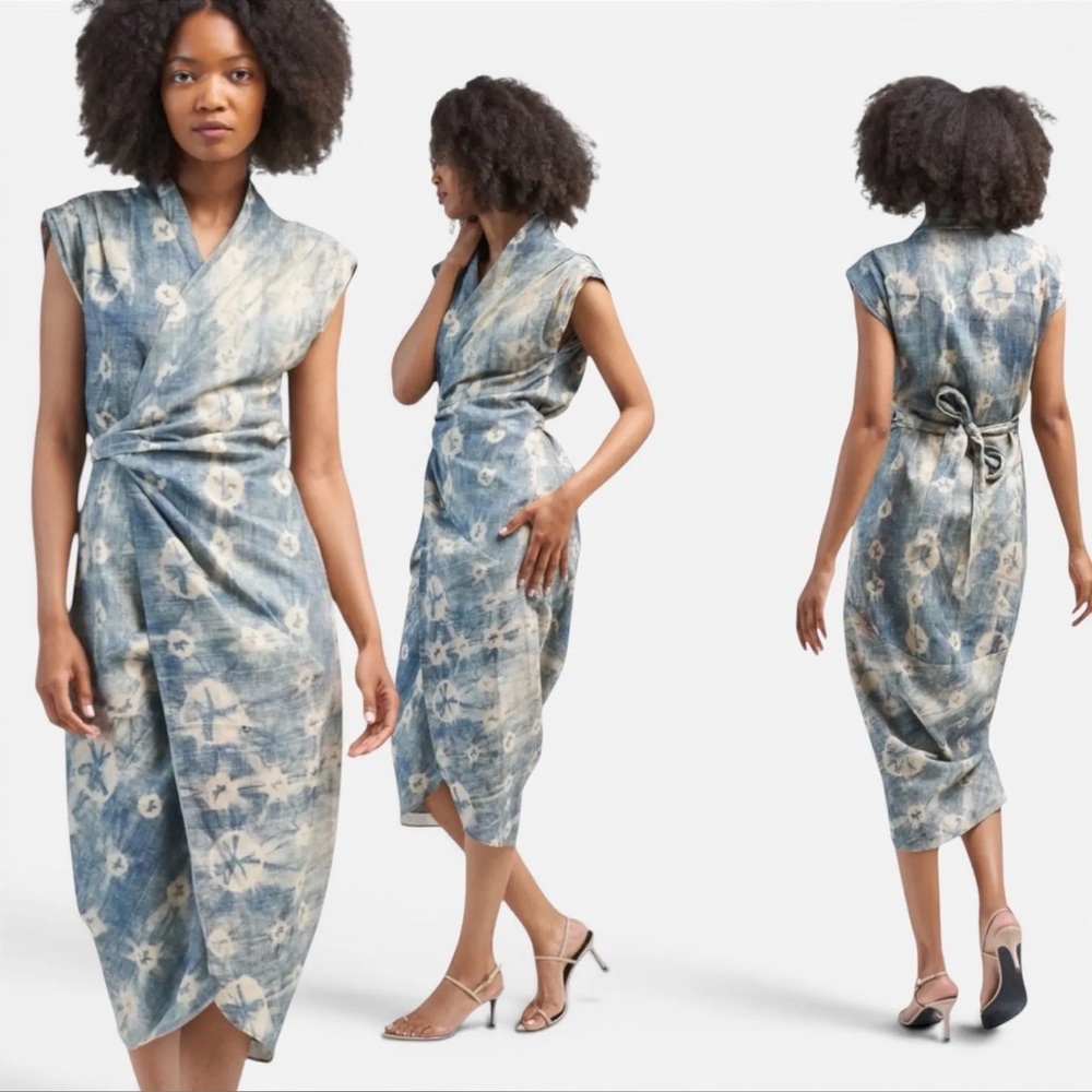 Just Bee Queen JBQ Sleeveless Blue Tie-Dye Wrap Midi Dress